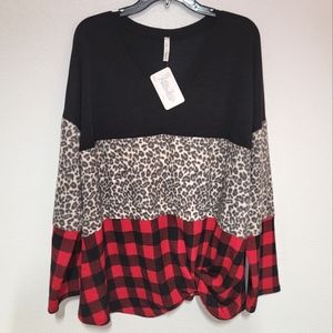 NWT Now N Forever Buffalo Plaid Slicing Leopard Print Sweater Sz 1X
